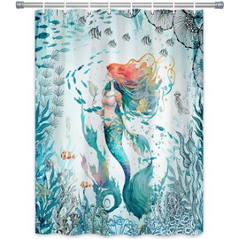 Mermaid Shower Curtain for Kids, Green Teal Beach Shower Curtain Set for Bathroom, Sea Ocean Fish Fabric Shower Curtain Restroom Bathtub Decor Accessories with Hooks 47X 64 inch