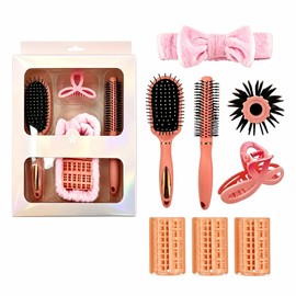 7-Piece Pink Hair Styling Tool Kit, Set with Paddle Brush, Round Comb, Hair Rollers, Claw Clips, and Bow Headband - Perfect for Salon, Spa, Party Favors, Sleepovers, Gift for Women and Girls