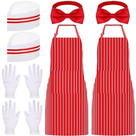 BOARDFEB 10 Pcs 1950s Waiter Costume Kit Circus Soda Jerk Apron Red and White Striped Including Chef Hat Apron Bow Tie gloves for Waitress Cosplay Costume Circus Party(Adult Size)