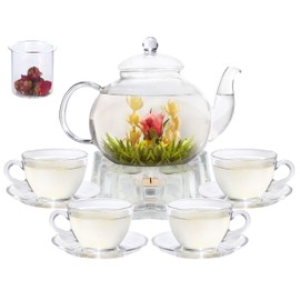 GURUDAR Glass Teapot Set, 40OZ/1200ml Stovetop Safe Glass Tea Kettle with Removable Infuser & Tea Warmer, Tea Cups and Saucers Set of 4, Blooming Tea & Loose Leaf Tea Maker Set for Women