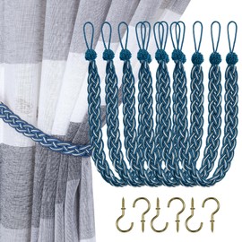 Home Queen Hand Braided Curtain Tie Back, Buckle Holdback Drapery Curtain Tiebacks, 6 Rope Belt Curtain Tie with 6 Metal Hooks, Navy and Silver