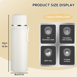 Boziee Stainless Steel Thermos Flask 800 ml with Cup Insulated Flask BPA Free Portable for Travel Coffee and Tea (White)