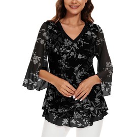 Actcat Women's Blouse with V-Neck Tops & 3/4 Sleeves - Double Layer Tunics Made of Breathable Mesh with Floral Print, Loose Oversized Cut for Perfect Everyday and Party, 03 White Sheet/Black, 3 XL