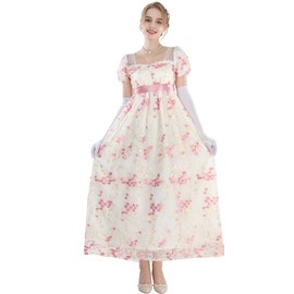 CR ROLECOS Victorian Dress Women's Regency Dress for Women Bridgerton Puffy Ball Gown with Gloves, Pink-1104c