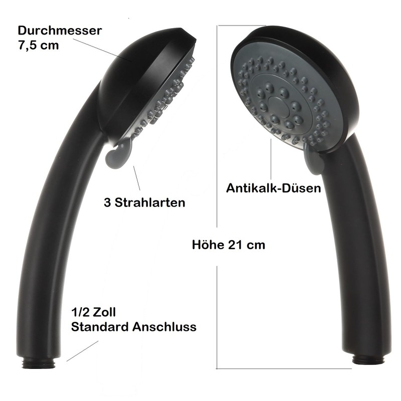 Hand Shower Head Matte Black 3 Jet Types Anti-Limescale Nozzles
