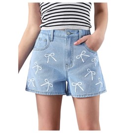 Floerns Girl's Cute Bowknot Print Denim Shorts Elastic Waist Y2k Short Jeans Light Wash 9Y