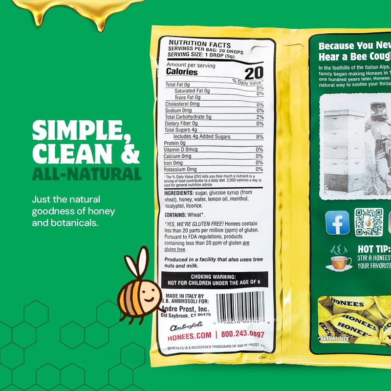 Honees Filled Honey Lemon Cough Drops- Filled with Honey, Menthol,
