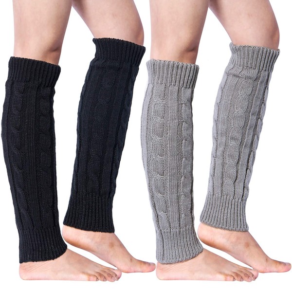 Loritta 2 Pairs Women Knit Leg Warmers Winter Warm Long Boot Socks,E(Black+Light gray)