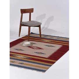Rugsotic Carpets Hand Woven Flat Weave Kilim Wool ECO-Friendly Area Rugs - 4'x6', Rectangle Shape, Multicolor Color, Contemporary Modern Design, Low Pile Handmade Rugs for Living Room (D00124)