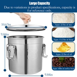 YinCukiEle 3.17Gal/12L Stainless Steel Airtight Canister, Airtight Food Storage Container with Lid and Lock Clips, 304 Stainless Steel Bucket for Rice, Flour, Grain, Coffee Bean