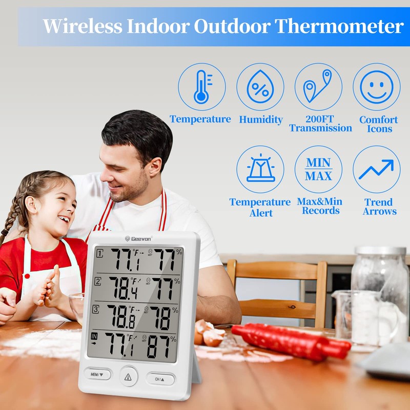 Geevon Indoor Outdoor Thermometer Wireless with 3 Remote Sensors, Digital
