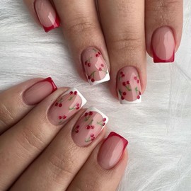 ROFIBUT Red White French Tip Press on Nails Short Square Fake Nails Glossy Cute Nude Pink Full Cover Glue on Nails with Red Cherry Stick on Nails Reusable Acrylic False Nails for Women Girls 24Pcs