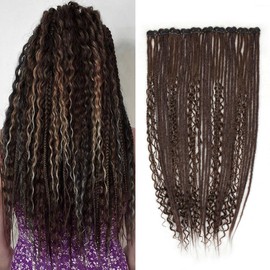 24 Inch Clip in Dreadlock Hair Extensions 10Clips Mixed Handmade Soft Curly Boho Wavy Synthetic Dreads Extensions for Women,Deep Brown