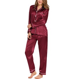 SWOMOG Satin Women's Pyjamas with Button Placket, Long Sleeve Sleepwear, Pyjamas Set, Two Piece Sleepwear Leisure Suit, darkred