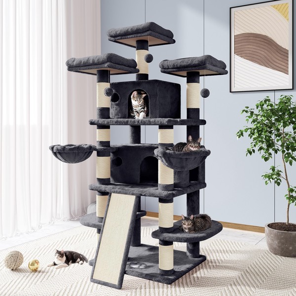 Allewie 68 Inches Catry Cat Tree/Cat Tree House and Towers for Large Cat/Cat Climbing Tree with Cat Condo/Cat Tree Scratching Post/Multi-Level Large Cat Tree/Smokey Grey