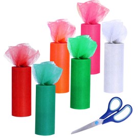 Allazone 6 Color Tulle Fabric Spool Ribbon Tulle Fabric Ribbons Rolls, 6 Inch x 25 Yard Green Red Rainbow Tulle Rolls Tulle Netting Rolls with Sewing Scissor for Christmas Party Decor Sewing Crafting