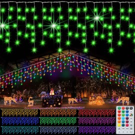 Pooqla RGB Icicle Lights Outdoor Decoration, Color Changing LED String Lights with Remote, 30FT 300LED Hanging Fairy Green Lights for ST Patrick's Day Roof Window Home Party Christmas Decoration