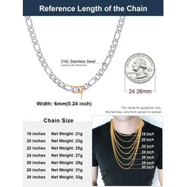 ChainsPro Men's Figaro Chain Necklace 6 mm Wide Figaro Chain Stainless Steel Figaro Chain Necklace Silver/Black/Gold-Plated Colour 46/51/55/61/66/71/76 cm, Stainless Steel