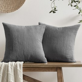 Softalker Cushion Cover 40 x 40 cm Dark Grey Cord Soft and Fluffy Set of 2 with Striped Pattern Cushion Covers Sofa Cushion Covers Modern Decoration for Sofa Bed Living Room Bedroom Winter Autumn