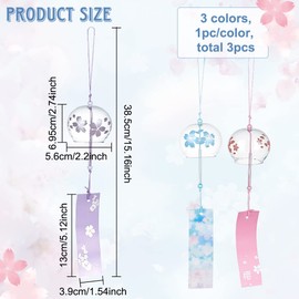 BENECREAT 3 campanillas de viento japonesas de color rosa, azul claro, morado, colgantes de vidrio hechos a mano para regalo de boda, festival, ventana de jardín, decoración del hogar al aire última intervensión o interior