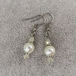 Pemby Studio WHITE Czech Glass Pearl Bead Crystal Dangle Earrings Silver Tone Artisan Gift