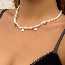 Jumwrit Dainty Pearl Necklace Adjustable Disc Necklace Love Necklace Vintage Costume Accessories for Women（Gold）