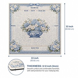 AVAONE American Mahjong Mat 33x33 Inch, Blue Porcelain Floral with Non-Slip Rubber Backing, 3mm Thick Table Mat with North South East West Markings, Hydrangea Vase Design