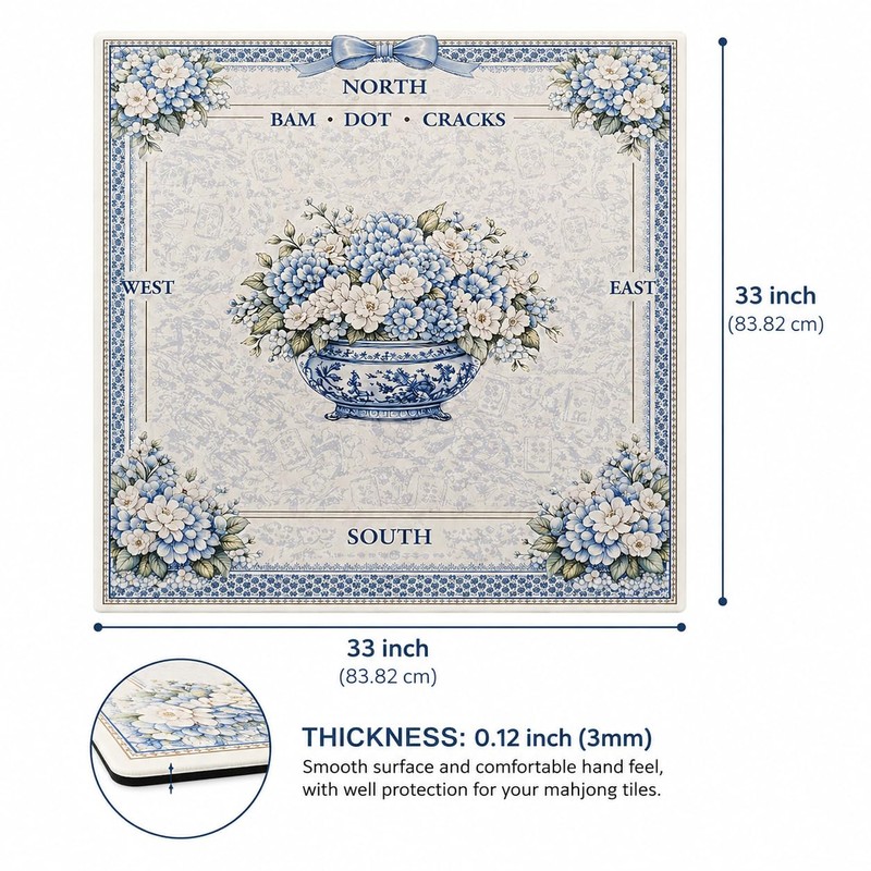 AVAONE American Mahjong Mat 33x33 Inch, Blue Porcelain Floral with