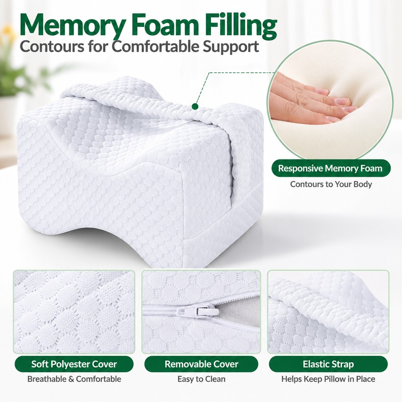 Memory Foam Knee Pillow for Side Sleepers – Adjustable Strap