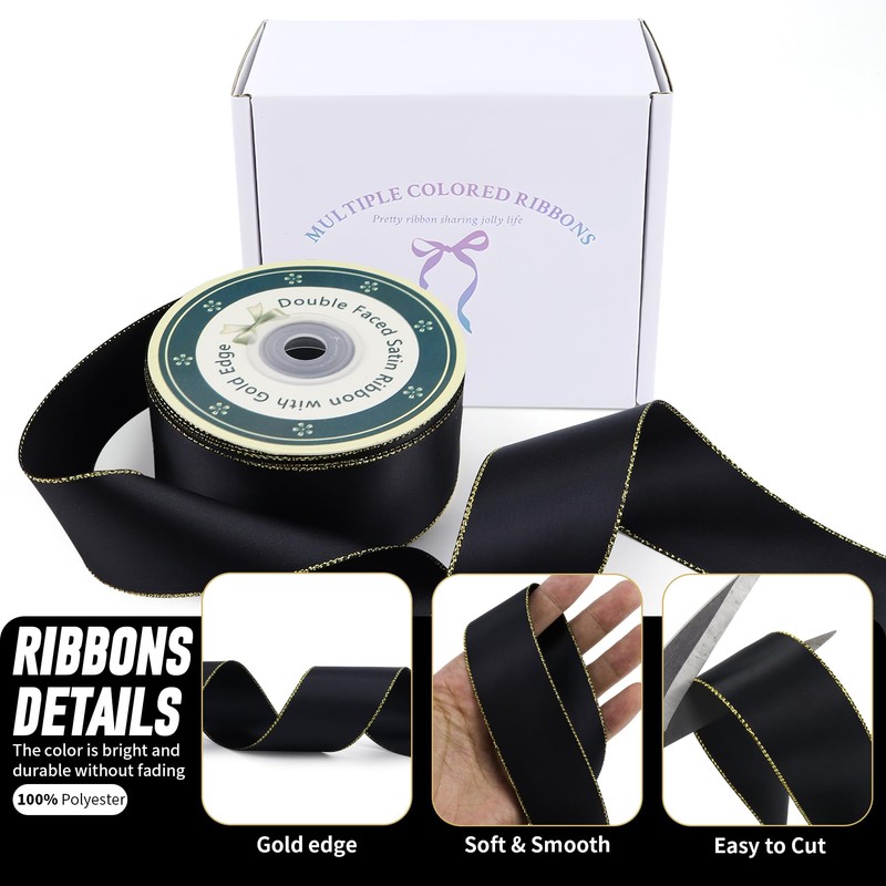 Gold Edged Double Face Satin Ribbon 1.6 Inch x 25