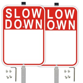 2 Pack Blank Slow Down Sign, with 36" Metal Stakes, 14"x10" Reflective Aluminum sign, Fade Resistant, Includes Matching Screws & Wrench