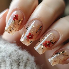 SINSEN Spring Fake Nails Medium Press on Nails with Flower Designs, 24Pcs Red Rose Glue on Nails Gold Glitter Summer Nail Art Decorations Glossy Acrylic Nails for Women Girls Manicure Decorations