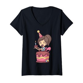 Womens Cute Girl Cartoon Character For Birthday Celebration V-Neck T-Shirt