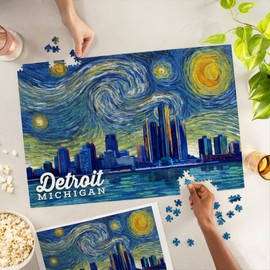 Lantern Press 1000 Piece Jigsaw Puzzle, Detroit, Michigan, Starry Night Series