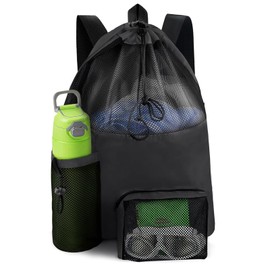 Breathable Mesh Beach Backpack,Waterproof Swim Bag,Large Drawstring Backpack With Wet Pocket,Durable Sports Backpack For Swimming,Basketball,Camping,Gym & Travel Men Women (black)