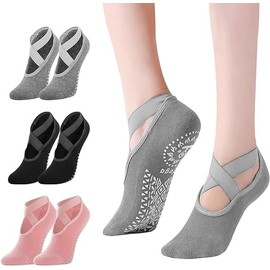 AIVORO 3 Pairs of Yoga Socks, Pilates Socks, Yoga Socks with Cross Straps, Yoga Socks Women 35-38/39-42, Non-Slip Socks Women Are Suitable for Yoga, Dance Socks and Fitness (Black/Grey/Pink), Black,