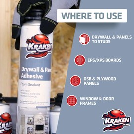 KRAKEN BOND Drywall & Panel Adhesive Foam - (2X24oz) Heavy-Duty, Fast-Curing Construction Adhesive for Concrete, Wood, and Heat Insulation Applications - 2 Pack