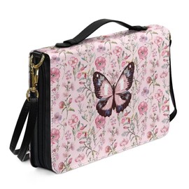 Coldinair Pink Butterfly Leather Bible Covers for Study Bibles Floral Carrying Book Case Church Bag Bible Protective with Strap and Handle for Standard and Large Size Bible