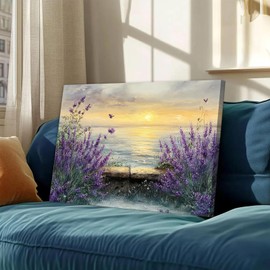 Coastal Sunset Lavender Canvas Wall Art Still Life Seascape Wall Decor Picture Floral Print Beach Theme Painting Artwork for Modern home decoration for living room and bedroom 16x24in