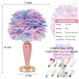 ZYLEISENBAO Colorful Feather Lamp Fluffy Table Lamp Furry Bedside Lamp Romantic Princess Lights Goose Feather Night Light for Bedroom Wedding Decor Valentines Dating Livingroom Hotel Office