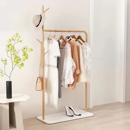 HEONITURE Gold Clothes Rack with Marble Bottom Shelf, Heavy Duty Clothing Racks for Hanging Clothes, 5 Side Hooks Display Garment Coat Rack for Bedroom, Retail Store
