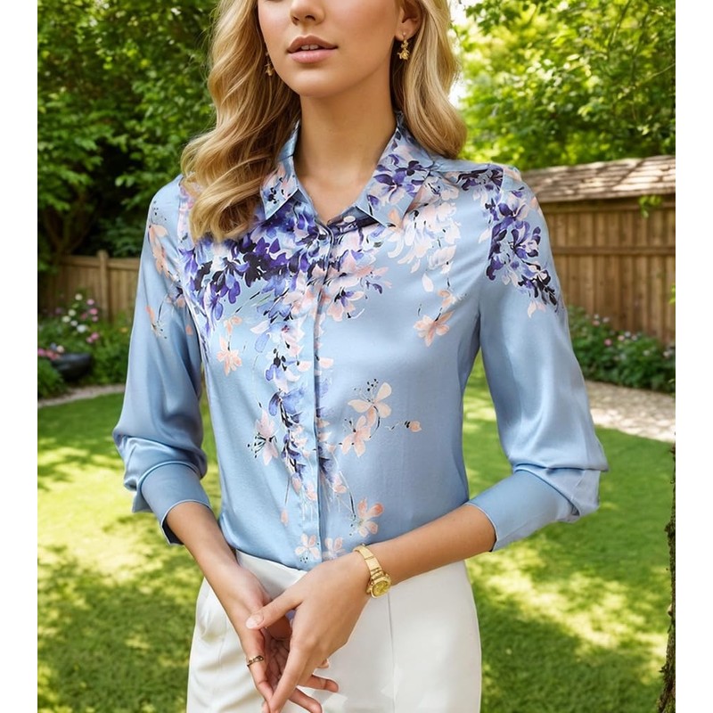 MAAYKOM Women's Printed Flowers Commercial Long Sleeved Casual Loose Lapel