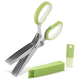 SimpleKitchen Gourmet Herb Scissors Set Multipurpose Cutting Shears with Stainless Steel 5 Blades, Herb Stripper, Safety Cover Cleaning Comb for Cutting Cilantro Onion Salad (Green)