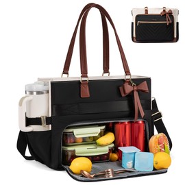 LOVEVOOK Lunch Bag, Tote Bag for Women with Insulated Lunch Compartment, Laptop Bag with Large Capacity & Cup Holder, Work Tote for Teacher, Nurse, Travel, College, Daily, Black-Beige-Brown, 15.6 Inch