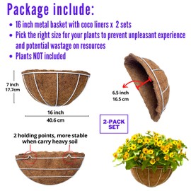 LaLaGreen Large Wall Planters, 2 Pack, 16 Inch Wall Hanging Pots with Coco Liner, White Metal Wire Rail Flower Basket Box Outdoor Outside Fence Railings Plant Holder Deck Porch Balcony Garden Decor