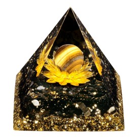 Cheungshing Tiger’s Eye Stone Sphere Orgone Pyramid with Golden Lotus and Black Obsidian Stones Energy Natural Generator for Meditation Healing Chakra Home Decoration