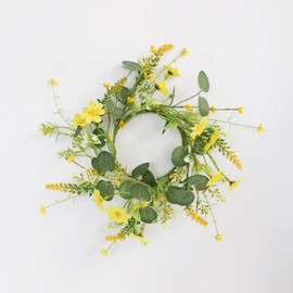 2Pcs Artificial Daisy Candle Rings Wreaths 4 Inch Center, Yellow Flower Small Wreaths with Eucalyptus and Berry Greenery Garland for Pillar Candle Spring Easter Wedding Party Home Tabletop Decor