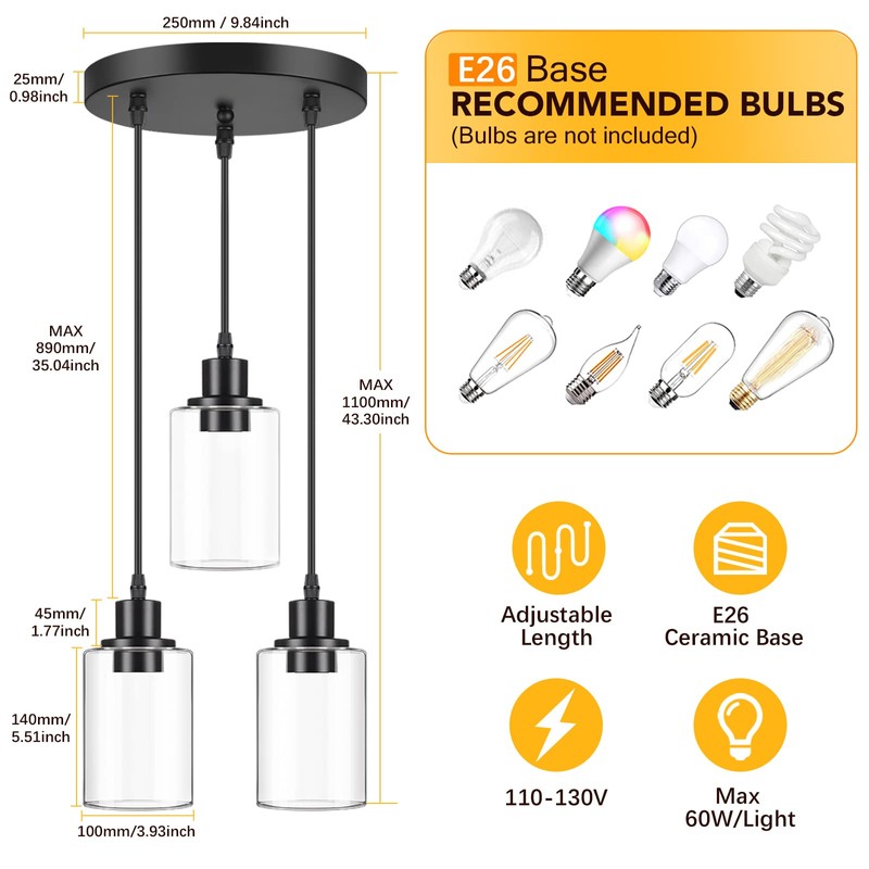 MAXvolador Industrial 3-Light Pendant Light, Adjustable Hanging Light Fixture with
