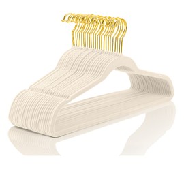 MIZGI Premium Velvet Hangers Pack 50 Pcs Heavyduty - Non Slip Slimline - Velvet Suit Hangers Ivory - Gold Hooks,Space Saving Clothes Hangers …
