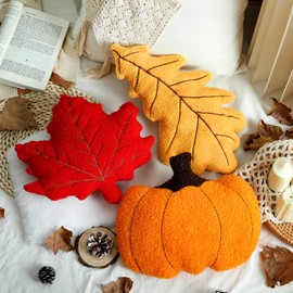 Huwena 3 Pcs Fall Pillow Pumpkin Maple Leaf Shaped Throw Pillow Simulated Fall Decorative Plush Pillow Velvet Cute Autumn Pillow Cushion for Thanksgiving Couch Sofa Bed Decoration